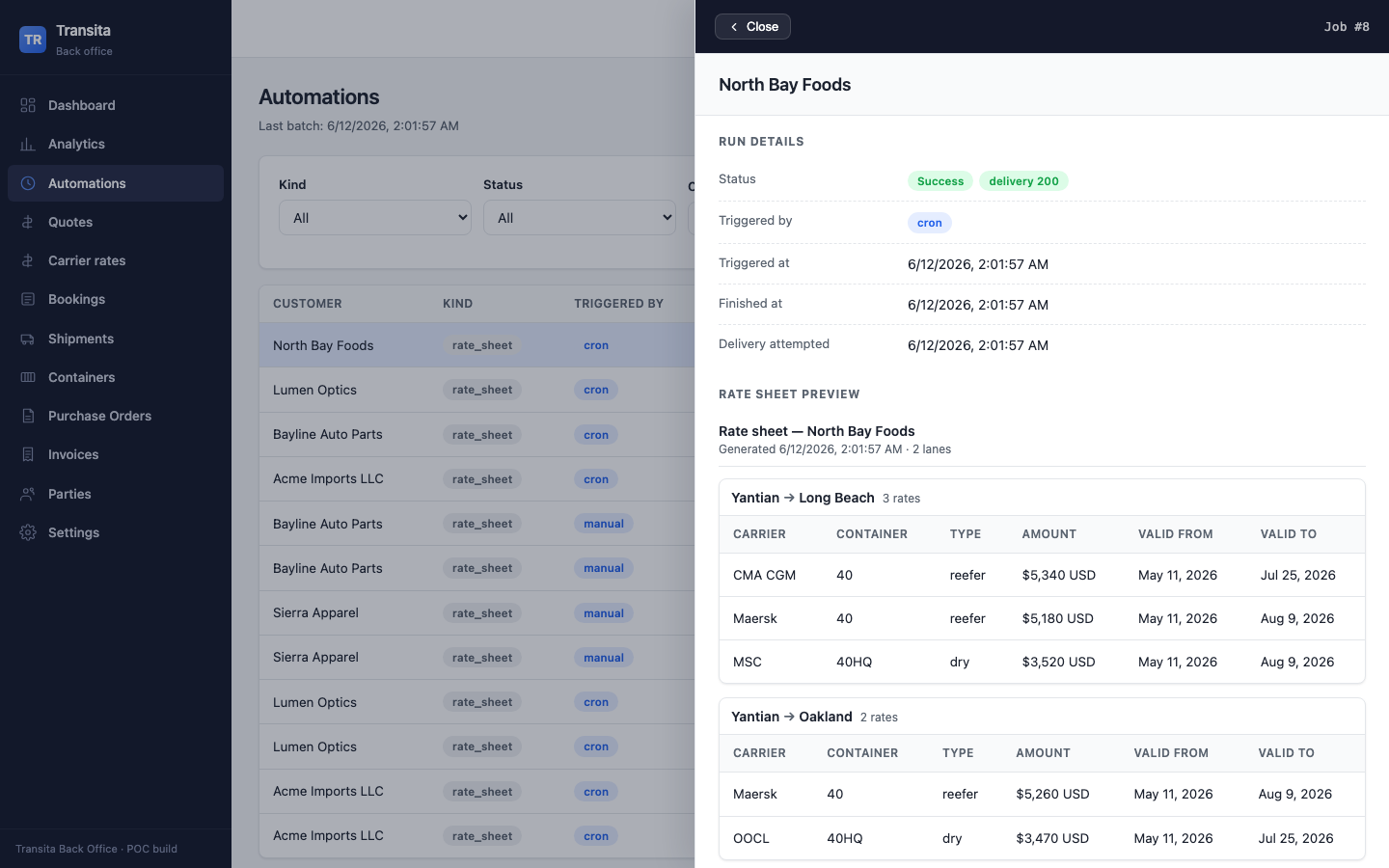Automation job drawer showing a sent rate sheet