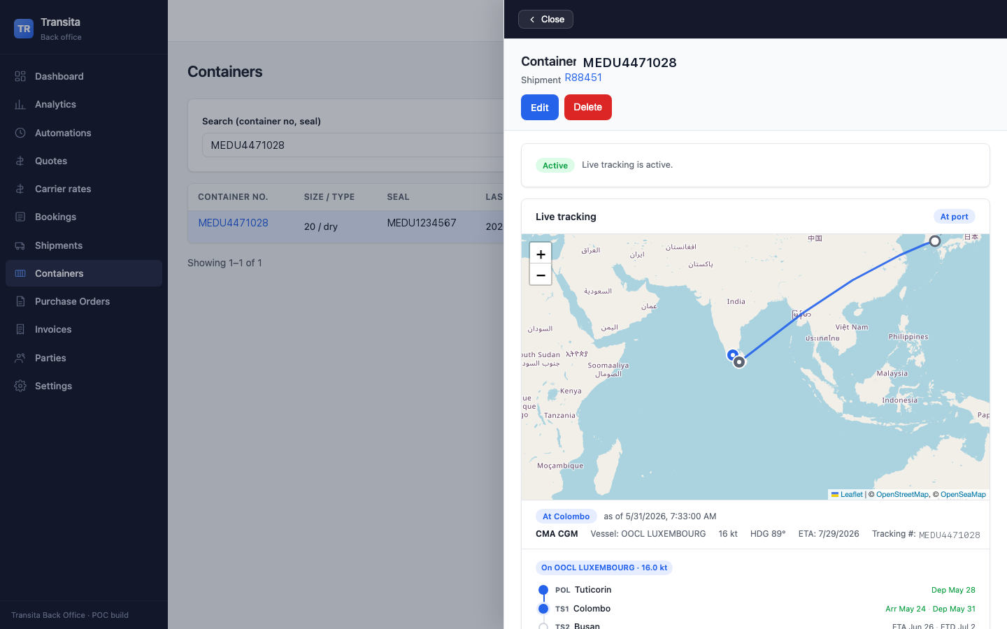 Container journey map and route timeline
